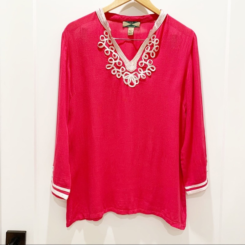 525 America Pink Long Sleeve White Ribbon Blouse